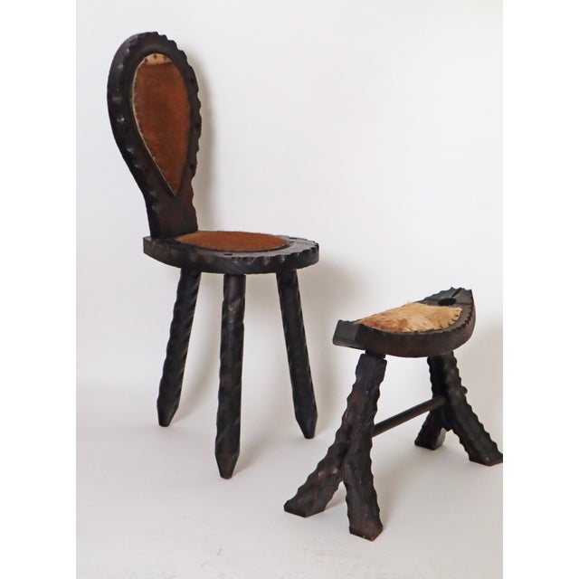 Set of Brutalist Spanish Tripod Chair with Goatskin Stool For Sale - Image 17 of 18