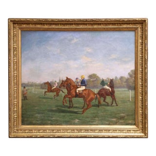 Mid-Century English Oil on Canvas Jockeys Painting Signed and Dated 1943, Framed For Sale