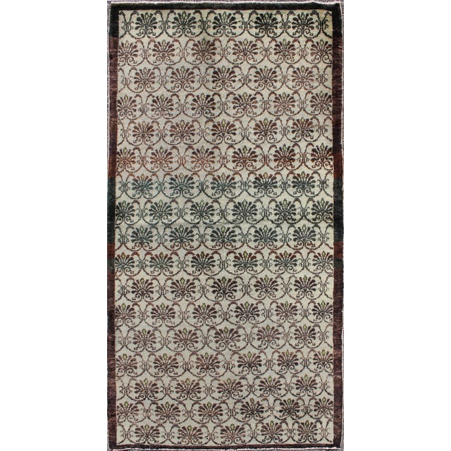 Textile Vintage Hand Knotted Turkish Oushak Rug With All-Over Design in Chocolate Brown, Ivory, Green For Sale - Image 7 of 7
