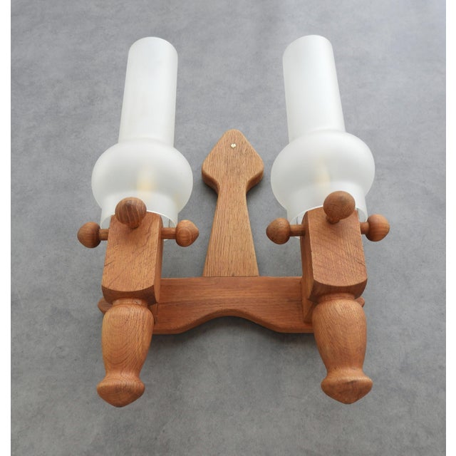 Guillerme & chambron double wall sconce – blonde oak, france, circa 1970s. A beautifully crafted double wall light sconce...