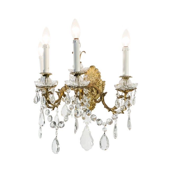 Gold Four-Light Crystal and Bronze Wall Lamps, 1900s, Set of 2 For Sale - Image 8 of 9