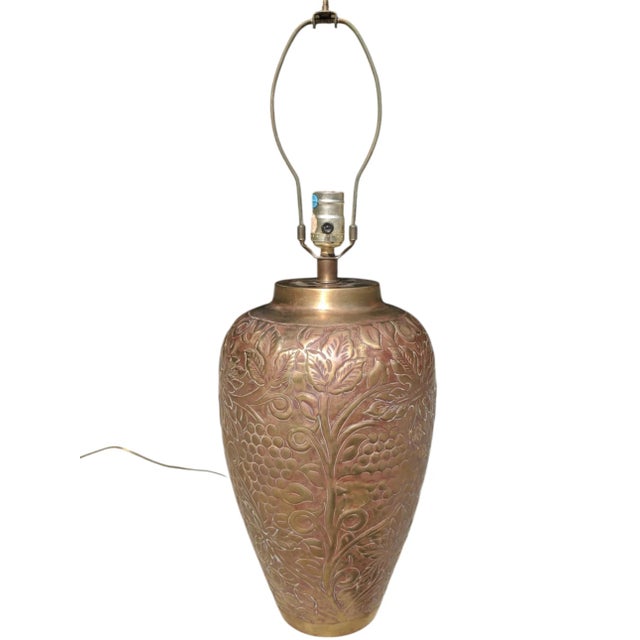 Vintage Early 20th Century Brass Repousse Table Lamp featuring a Grape Vine and Grape Design Brass has a lovely patina,...