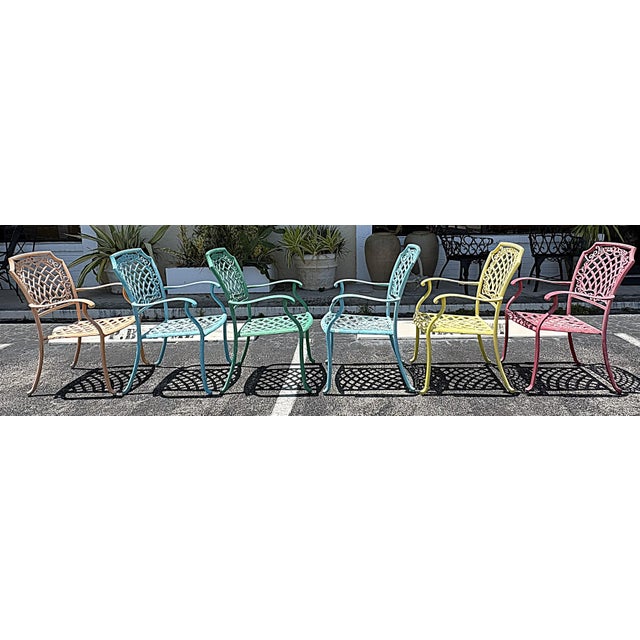 Shabby Chic Vintage Cast Aluminum Brightly Painted Outdoor Armchairs- Set of 6 For Sale - Image 3 of 18
