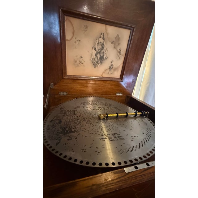 Antique Regina 15.5-Inch Disc Music Box With Original Oak Cabinet Stand & 18 Discs For Sale - Image 10 of 10