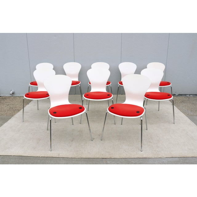 Stunning, authentic set of ten Sprite armless stacking dining chairs by Knoll. The Sprite chair, designed by British...