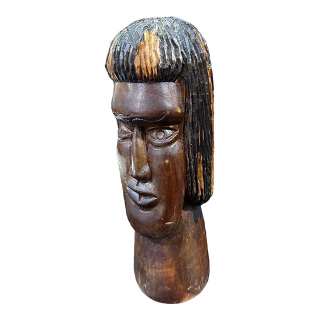 Vintage Hand Carved Wood African Man Head Bust Sculpture Wooden 7in” Signed For Sale