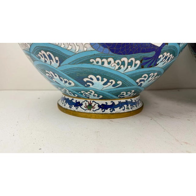Metal Monumental Pair of Chinese Cloisonne Enamel Blue and White Dragons Vases For Sale - Image 7 of 16