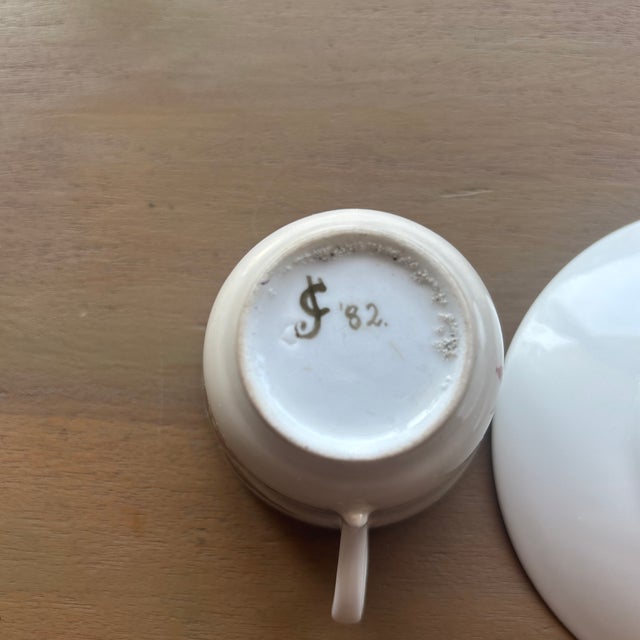 English Circa 1770 Antique Bow Porcelain Tea Cup and Saucer With Hand Painted Designer Mark For Sale - Image 3 of 12