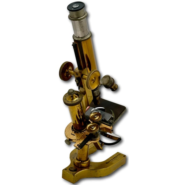 Metal Antique Fine Quality Fancy Model Solid Brass Doctors Microscope by Bausch & Lomb Optical Co. New York - Circa 1898 For Sale - Image 7 of 18