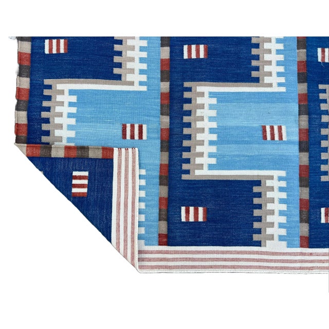 Casa Cosima Handwoven Cotton Area Rug, Natural Vegetable Dyed, Blue, Beige, Cream & Red Geometric Dhurrie - 12'x15' For Sale - Image 4 of 10