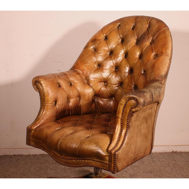 Tan Office Chair in Mahogany and Cognac Leather, 1980s For Sale - Image 8 of 13