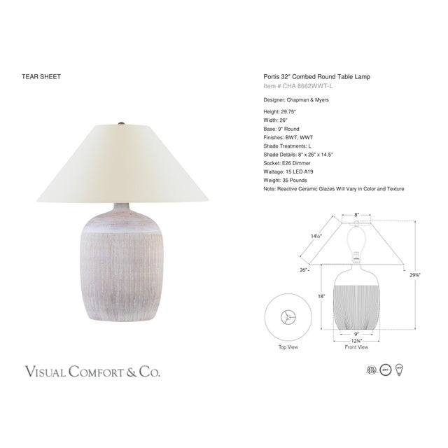 Chapman & Myers by Visual Comfort Signature Portis 32" Combed Round Table Lamp in White Washed Terracotta with Linen Shade...