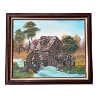 Vintage Signed Rustic Water Mill Landscape Oil Painting in Wood Frame For Sale
