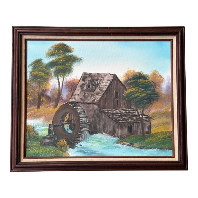 Vintage Signed Rustic Water Mill Landscape Oil Painting in Wood Frame For Sale