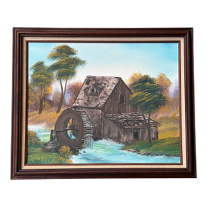 Vintage Signed Rustic Water Mill Landscape Oil Painting in Wood Frame