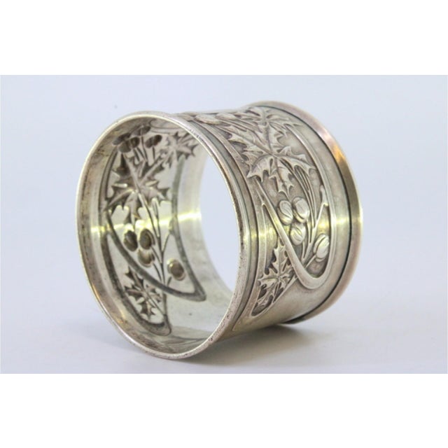 Silver Napkin Ring with Raised Floral Motifs Surrounding a Monogram Card. For Sale - Image 6 of 8