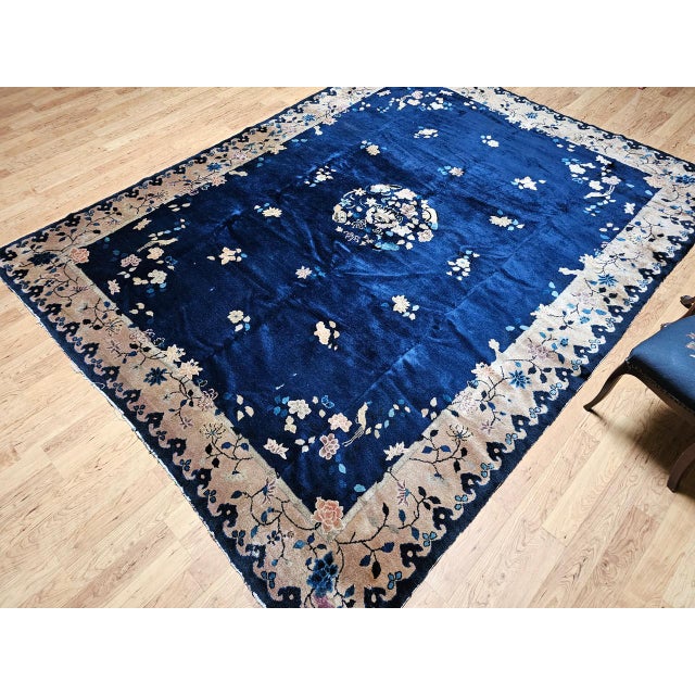 Vintage Room Size Chinese Art Deco Rug, Hand-Knotted Navy Blue, Taupe, 9' x 12' For Sale - Image 9 of 18
