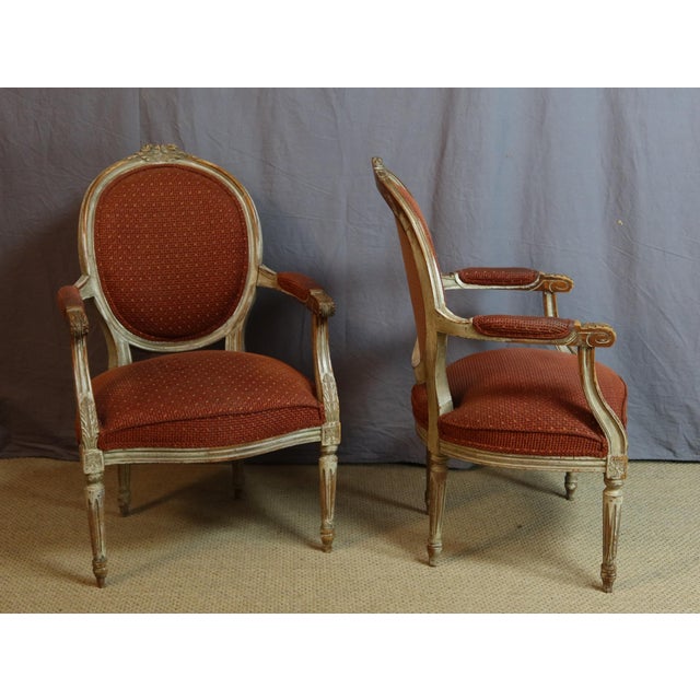 Louis XVI Cabriolet Armchairs, 1920s, Set of 7 For Sale - Image 4 of 11