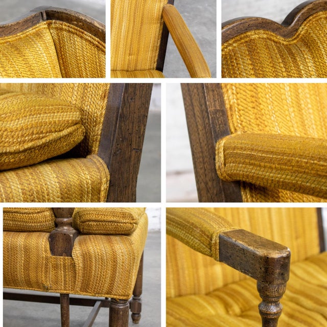 Mid-20th Century Rustic Colonial Style High Wingback Fireside Chair Oak Frame Gold Stripe Fabric For Sale - Image 15 of 18