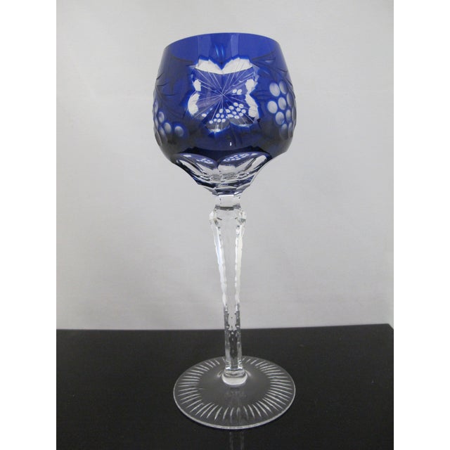 Early 20th Century Bohemian Cobalt Blue & Red Grape Cut Crystal 8 1/2" Hock Wine Glass Pair For Sale - Image 5 of 15