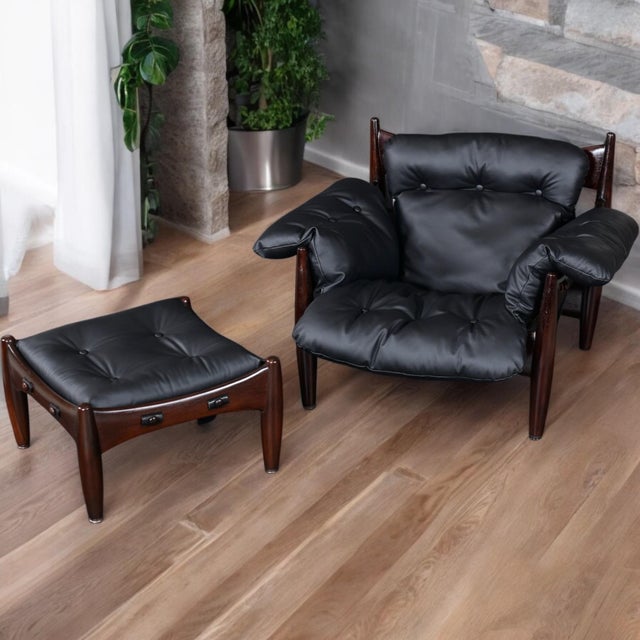 1960s Brazilian Rosewood & Leather Sling Chair and Ottoman by Sergio Rodrigues for Isa For Sale - Image 5 of 18