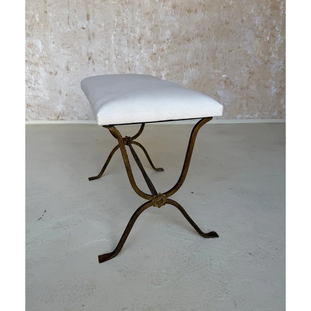 Spanish Gilt Iron Bench With Hammered Frame For Sale - Image 10 of 12