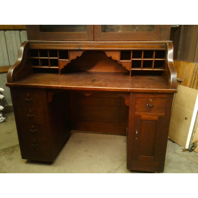 Antique 2 Piece Walnut S Curve Roll Top Desk With Bookcase Top Secret Compartment 1920s For Sale In Cleveland - Image 6 of 12