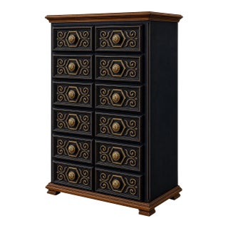 Vintage 1970s Drexel-Attributed Tallboy Dresser — Custom Midnight Blue & Gilded Finish, Dovetail Construction For Sale