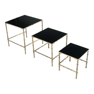 Solid Brass Faux Bamboo Set of 3 Nesting Tables with Black Vitrolite Glass