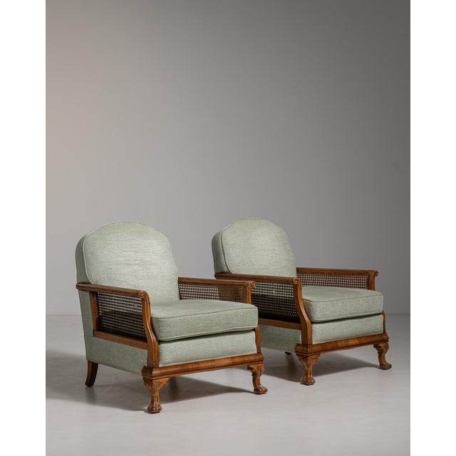 Mid 20th Century Pair of Eclectic Upholstered Armchairs with Rattan Accents For Sale - Image 11 of 13