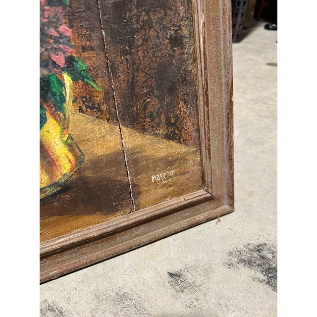 1970s Framed Wooden Floral Painting, Signed by Artist For Sale - Image 4 of 7