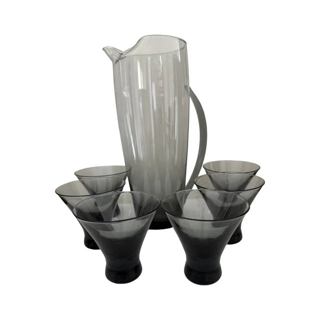 1960s Mid-Century Modern Morgantown Glass “Normandie” Smoke Gray Pitcher & Six Glasses - 7 pcs For Sale - Image 4 of 10
