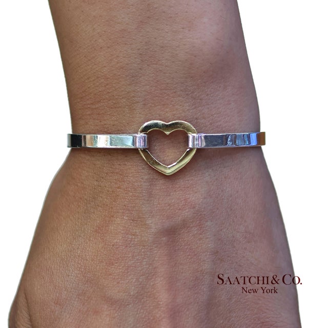 18k(750) Yellow Gold and Tiffany & Co 925 Sterling Silver Heart Bangle Bracelet For Sale - Image 13 of 13
