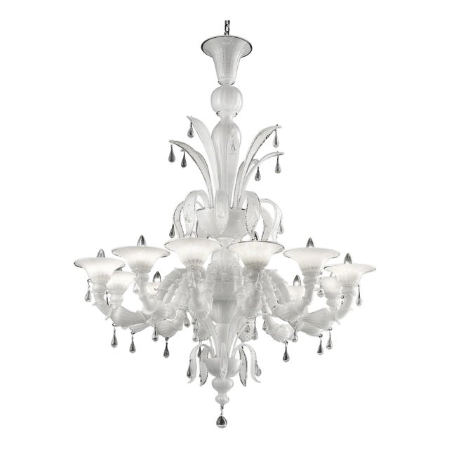 White Venetian Ca Rezzonico Murano Glass Chandelier with Clear Glass Drops by Simoeng for Simoeng For Sale