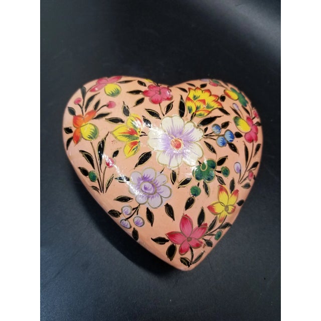Shabby Chic Vintage Kashmir Hand Painted Flowers Floral Heart Wood India For Sale - Image 3 of 3
