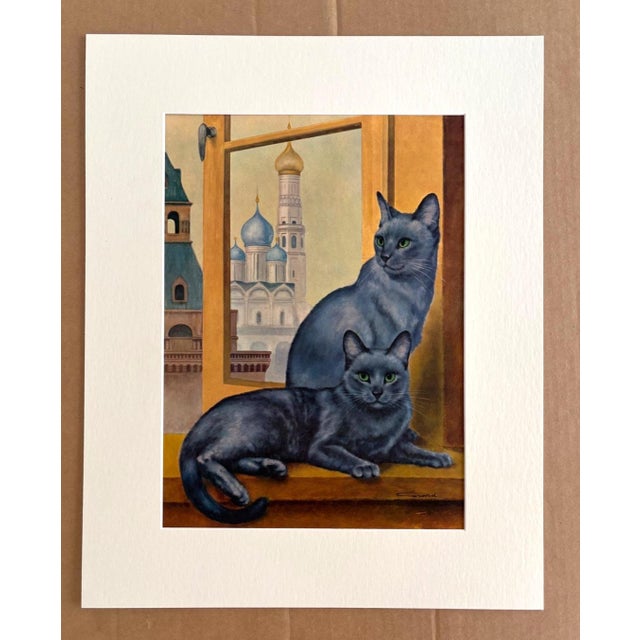 Realism Vintage 1965 Girard Goodenow Cat Print in 16x20 Mat Ready to Frame: Russian Blue For Sale - Image 3 of 3