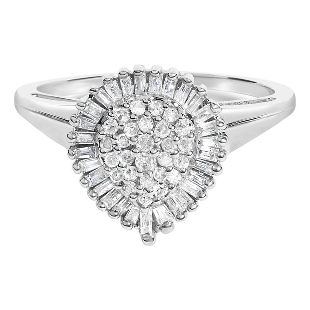 10K White Gold 1/2 Cttw Round & Baguette Cut Diamond Pear Shaped Domed Pavé Cluster with Halo Cocktail Ring (H-I Color, SI1-SI2 Clarity) - Size 7.5 For Sale