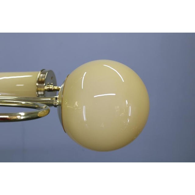 Czech Art Deco Brass Chandelier with Globe and Opaline Shades, 1930s For Sale - Image 9 of 18