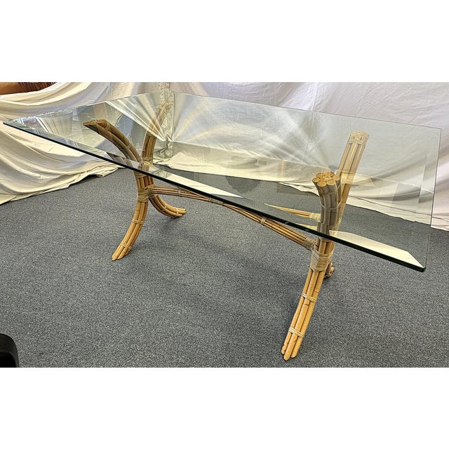 Mid Century McGuire Style Bamboo With Rawhide Wrap and Glass Top Dining Table For Sale - Image 14 of 16