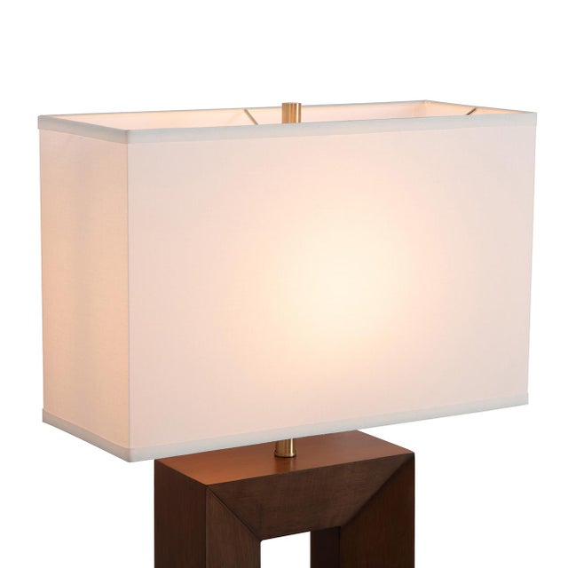 Julie Standing Table Lamp - Dark Walnut Wood Finish, Weathered Brass, White Linen Shade For Sale In Los Angeles - Image 6 of 12