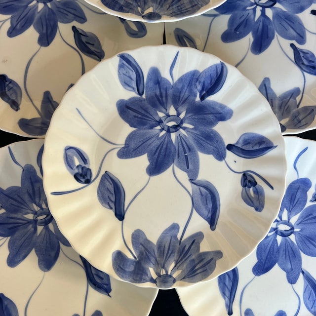 American Antique Blue Ridge Southern Potteries Hand Painted Blue and White Flower Plates - Set of 8 For Sale - Image 3 of 6