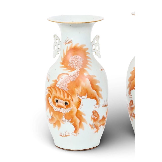 Pair Large Chinese Iron-Red Foo Dog Vases, Early 20th C. Qing For Sale - Image 4 of 8