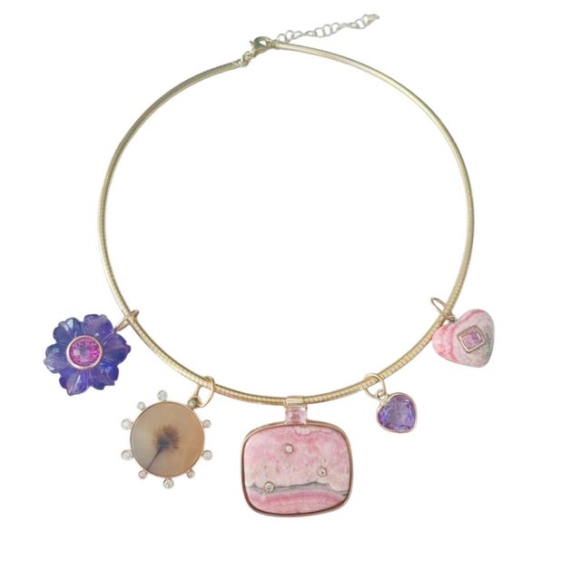 Pink Rhodochrosite Heart Necklace With Spinel, 14k Gold & Pyrite For Sale - Image 8 of 13