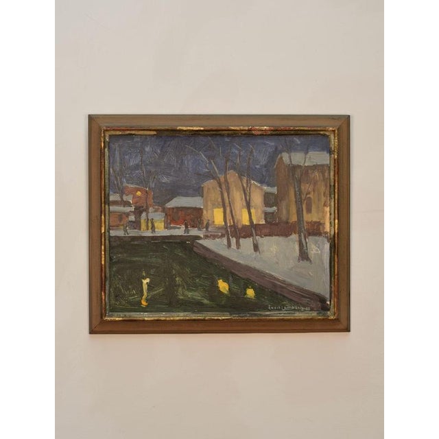 Evert Lambertz, Town and Pond at Night, 20th Century, Oil Painting, Framed For Sale - Image 7 of 7