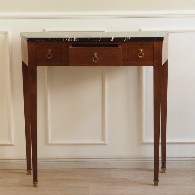 Louis XVI Walnut Console Table with Black Marble Top and Brass Fittings For Sale - Image 11 of 12