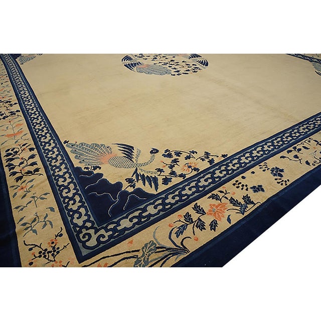 1890s Tan Beige Medallion Birds Antique Chinese Peking Rug 15'3'' X 17'4'' Knotted Wool Carpet For Sale - Image 4 of 8
