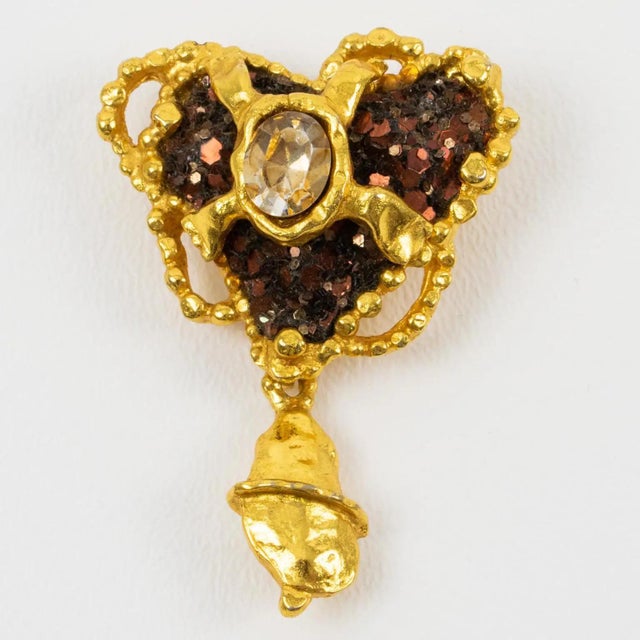 2000 - 2009 Christian Lacroix Gilded and Jeweled Brutalist Heart Brooch For Sale - Image 5 of 10