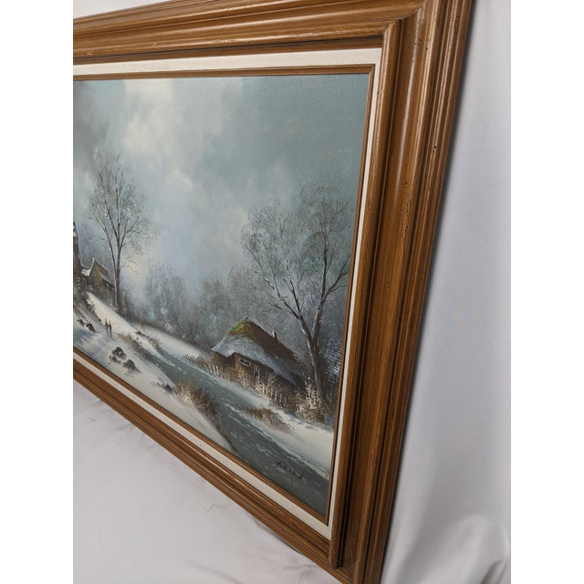Blue Mid 20th Century Large Signed H. Wood Original Oil Painting of European Winter Village Landscape – Framed For Sale - Image 8 of 16