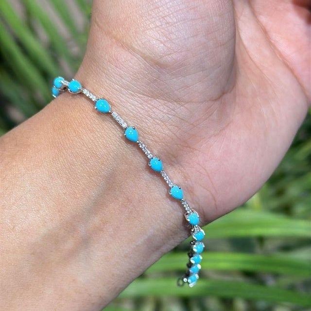 Mid-Century Modern 2.34ct Natural Turquoise & Diamond Station Tennis Bracelet in 14k White Gold For Sale - Image 3 of 15