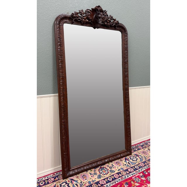 Antique French Renaissance Style Carved Oak Hunt Stag Pier Mirror Crown c.1880s For Sale - Image 4 of 17